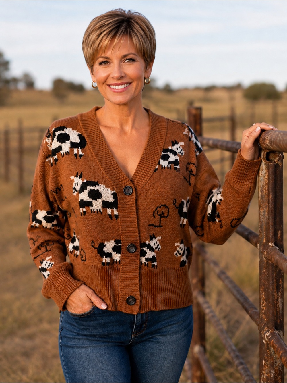 Farm Animal Sweater Women’s Sz S Knitted Cows 3 Button Rumwe V-Neck